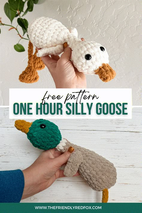 This one hour crochet pattern results in a silly goose- or duck or flamingo! This amigurumi goose and duck pattern is low sew! Goose Crochet Pattern Free, Goose Amigurumi, Crochet Goose, Easy Crochet Animals, Quick Crochet Patterns, Crochet Animals Free Patterns, Crochet Design Pattern, Silly Goose, Beginner Crochet Projects