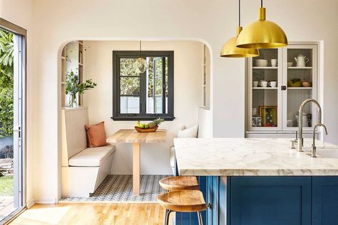 Exposed Wood Ceilings, Dark Dining Room, Spanish Bungalow, Built In Pantry, Window In Shower, Stucco Walls, Modern Beach House, Dining Nook, Indoor Outdoor Living