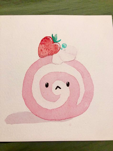 I love watercolor and a soft kawaii art style is so beautiful! I’ve never tasted a Swiss sponge roll but they are also beautiful works of art! I wanted to be inspired and this is what I came up with! 😊 Kawaii Art Painting, Swiss Roll Drawing, Sanrio Watercolor, Kawaii Painting Ideas, Cute Watercolor Doodles, Hello Kitty Watercolor, Sponge Drawing, Kawaii Painting, Kawaii Watercolor