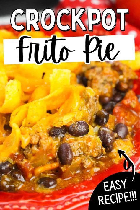 Crockpot Frito Pie Recipe with ground beef, beans, enchilada sauce, ROTEL, cheese and crispy Fritos is a new twist on a comfort food classic. Fritos Pie Crockpot, Crock Pot Frito Chili Pie, Crock Pot Frito Pie Recipe, Frito Pie Slow Cooker, Frito Chili Pie Crockpot, Crockpot Walking Tacos With Fritos, Fall Crockpot Recipes Ground Beef, Walking Taco Crockpot Recipe, Crockpot Frito Pie With Enchilada Sauce