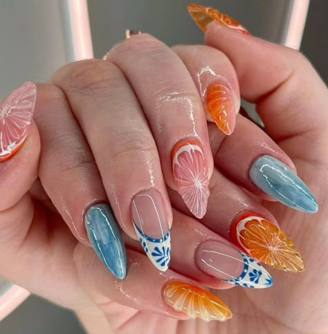 Summer 3d fruit nails! #summer #nails #nailart #nailsofinstagram #summernails #ornagenails #bluenails Orange Seashell Nails, Tropical Nail Ideas Summer, Seashell French Tip Nails, Girly Summer Nails, Nail Art Designs Summer 2024, Costa Rica Nails, Coconut Nails, Puerto Rico Nails, Unique Summer Nails