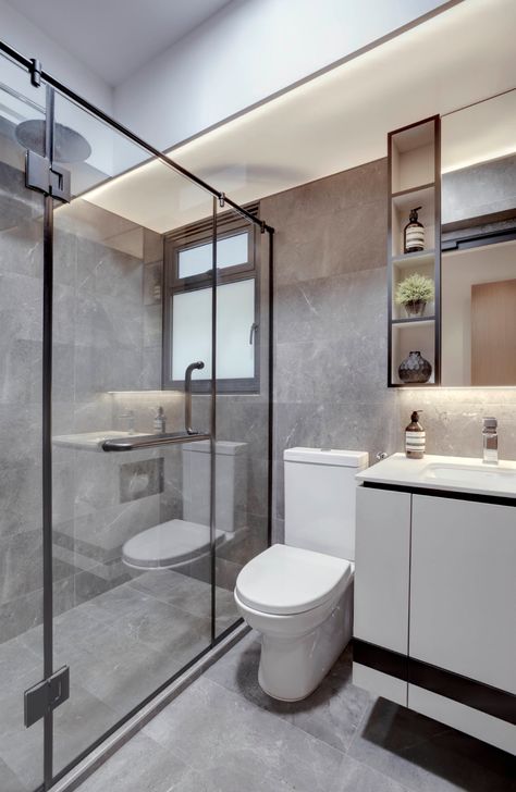 Modern Contemporary HDB @ Alkaff Crescent | Juz Interior Toilet Tiling, Interior Design Toilet, Hdb Toilet, Hdb Bathroom, Hdb Renovation, Toilet Designs, Orange Kitchen Decor, Contemporary Toilet, Design Toilet