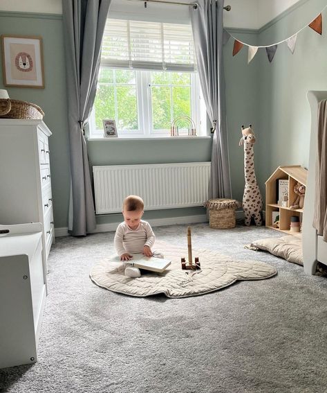 Grey Carpet Nursery Ideas, Nursery With Grey Carpet, Baby Boy Room Blue, Blue Neutral Nursery, Grey And Blue Nursery, Grey Nursery Ideas, Box Room Nursery, Blue Green Nursery, Green Nursery Boy