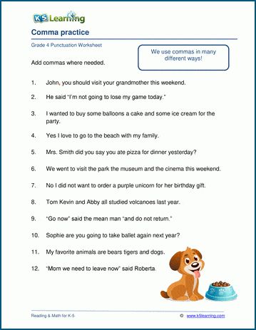 Comma practice worksheets | K5 Learning Comma Worksheets, Using Commas, Kindergarten Grammar, Comma Rules, Punctuation Worksheets, Good Study Habits, Early Science, Kindergarten Colors, Cursive Writing Worksheets