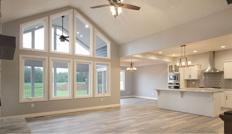 Open Concept Kitchen Living Room Layout House Plans, Triangle Windows Vaulted Ceiling, Vaulted Ceiling House Plans, Trapezoid Windows, Orangery Kitchen, Big Windows Living Room, Open Concept Kitchen Living Room Layout, Vaulted Ceiling Living Room, House Decorating Ideas Apartments