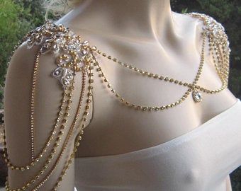 Shoulder Jewelry, Shoulder Necklace, Wedding Necklaces, Beaded Wedding, Strapless Jumpsuit, Necklace Wedding, Necklace Pearl, Fantasy Dress, Gold Lace