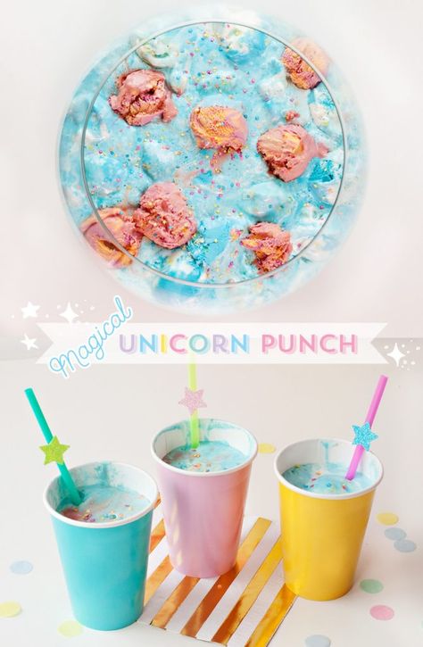 Unicorn Party Punch Unicorn Punch, Unicorn Birthday Party Food, Rainbow Punch, Party Decorations Pink, Butterfly Wonderland, Unicorn Party Food, Unicorn Food, Unicorn Fairy, Deco Ballon