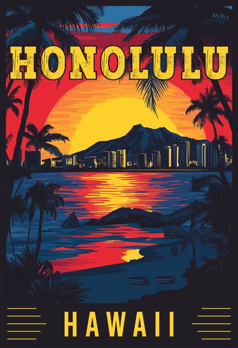 Immerse yourself in the tropical beauty of Honolulu, Hawaii, with this stunning travel art! Showcasing golden beaches, swaying palms, and iconic Diamond Head, this artwork captures the essence of island paradise. A must-have for anyone dreaming of Hawaiian adventures. 🌴🏖️ #HonoluluArt #HawaiiTravel #IslandVibes #TravelPoster #TropicalEscape