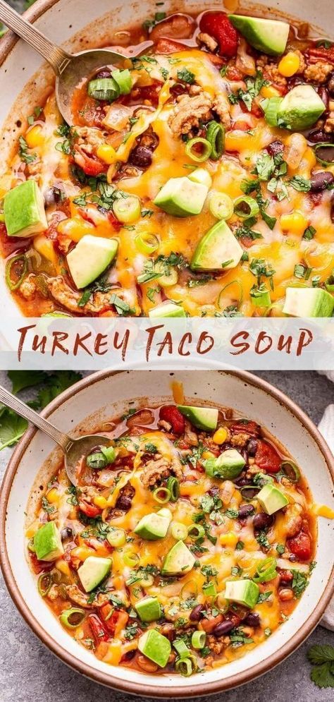 Turkey Taco Soup is a staple recipe for the colder months of the year. It's a cross between soup and chili and packed full of taco flavor! Top it with your favorite taco toppings for a healthy and hearty dinner. #soup #tacosoup #turkeytacos #healthydinner #groundturkey #glutenfree #easyrecipes #souprecipes Turkey Taco Soup Recipe, Healthy Taco Soup, Turkey Taco Soup, Recipe Runner, Turkey Dinners, Pinterest Collage, Mexican Soup Recipes, Recipes Easy Quick, Dinner Soup