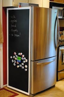 Magnetic chalk board on the side of your fridge using chalkboard paint Chalkboard Fridge, Side Of Fridge, Magnetic Chalkboard, Chalkboard Paint, Kitchen Stuff, A Kitchen, My Dream Home, New Kitchen, Kitchen Dining Room