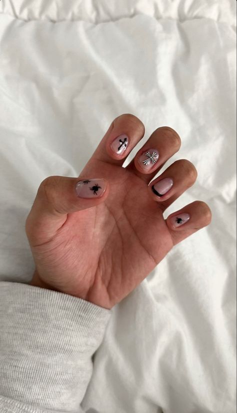 chrome hearts, cross, black french tips, spiders nails Mens Nails Black, Chrome Heart Nails Men, Mens Nail Art Designs Black, Male Nail Designs Black, Gel Manicure Designs Natural Nails, Black Nail Designs Men, Cross Nails Short, Stud Nail Ideas, Black Chrome Heart Nails