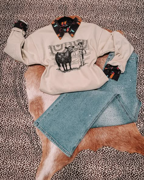 Where are my stockshow momma's at?! This unisex sweatshirt is just for you and warm too! Paired with our Rodeo Timin' Button Down underneath! Punchy Outfits Winter, Western Women Outfits, Stock Show Outfits, Button Up Under Sweater, Punchy Winter Outfits, Rodeo Outfits Winter, Stockshow Outfits, Southern Fits, Winter Western Outfits Women