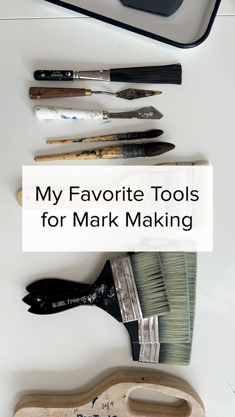 A photo showing a lineup of palette knives and different sized paint brushes with the text "My Favorite Tools for Mark Making" over the image. Art Mark Making, Abstract Art Painting Techniques, Art Making, Painting Tools, Mark Making, Abstract Paintings, Original Abstract Painting, Painting Techniques, Abstract Art Painting