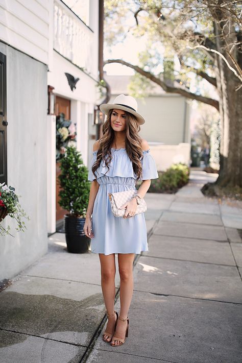 ruffle off-the-shoulder dress + Carrson sandals + panama hat + Louis Vuitton clutch Clutch Outfit, Charleston Travel Guide, Sister Trip, Southern Curls And Pearls, Yurman Bracelet, Charleston Travel, Wife Style, David Yurman Bracelet, Louis Vuitton Clutch