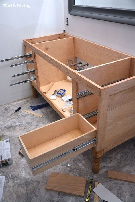 Build-a-DIY-Bathroom-Vanity-Build-drawers-cabinet-doors-Thrift-Diving-Blog 99 Build Drawers, Building Kitchen Cabinets, Diy Bathroom Vanity, Kabinet Dapur, Vanity Drawers, Diy Vanity, Diy Kitchen Cabinets, Diy Bathroom Decor, Bathroom Vanity Cabinets