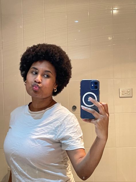 Black girl wearing a white t-shirt posing infront of the mirror for a photo she has an Afro (it’s a mini afro) 4c Small Fro, Mini Afro Aesthetic, Small Afro Hairstyles 4c Hair, Mini Afro Hairstyles 4c, 4b Hair Short, Small Afro Hairstyles Natural, Mini Afro Hairstyles, Short Afros, Short Hair 4c