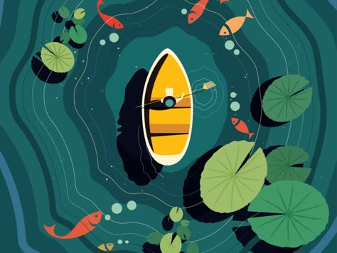 Moments of bliss - Ramaana - #green #yellow #boat #water Karp Koi, Behance Illustration, Illustration Design Graphique, Bd Art, Flat Design Illustration, Water Boat, Abstract Illustration, Green Water, Arte Sketchbook