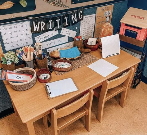 Writing Corner Preschool, Writing Corner Classroom, Preschool Layout, Writing Center Preschool, Walker Learning, Environment Inspiration, Reggio Inspired Classrooms, Writing Corner, Preschool Decor