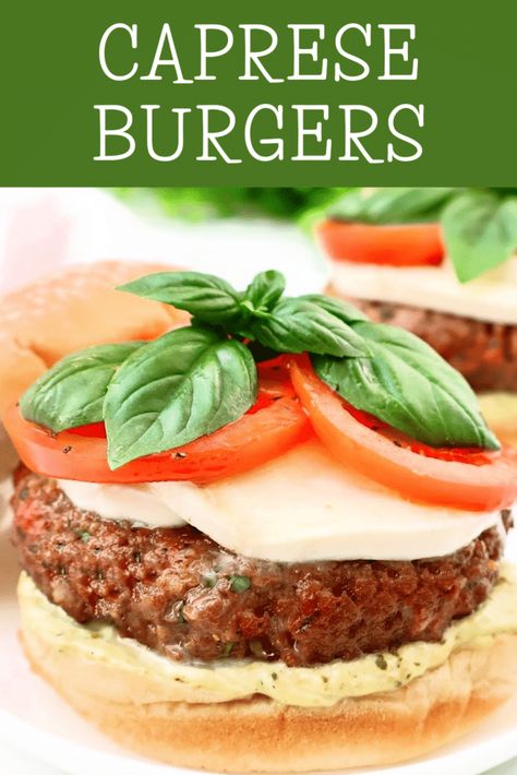 Caprese Burgers ~ Garden fresh ingredients and the classic flavors of Caprese salad in a hearty and satisfying plant-based burger! Veggie Burger Recipe Vegan, Caprese Burger, Meat Ideas, Chorizo Burger, Garlic Parmesan Fries, Marinated Tomatoes, Veggie Burgers Recipe, Plant Based Burgers, Vegan Thanksgiving Recipes