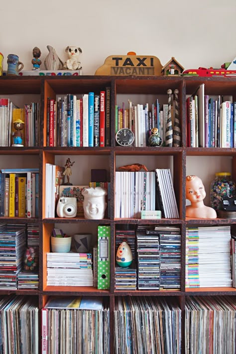 Natalie and Nick's Colorful, Playful Melbourne Hideaway Dvd Collection Aesthetic, Dvd Cabinet, Dvd Cabinets, Styling A Bookcase, Styling Bookshelves, Loft Inspiration, Styling Shelves, Library Inspiration, North Melbourne