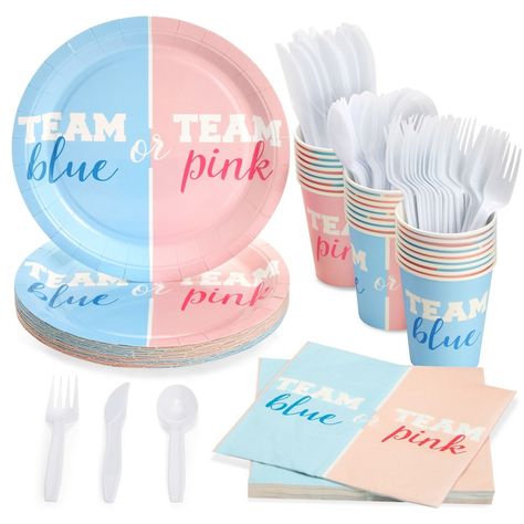 Blue Panda 144 Piece Gender Reveal Plates And Napkins Dinnerware Set, Team Boy, Team Girl Party Bundle, Serves 24 Unique Gender Reveal Party Ideas, Gender Reveal Party Food, Gender Reveal Baby Shower Themes, Shark Party Decorations, Pregnancy Gender Reveal, Plastic Party Plates, Gender Reveal Party Supplies, Team Pink, Baby Reveal Party