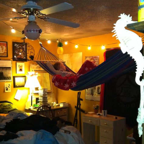 Hang a hammock from the ceiling! Hammock Hanging From Ceiling, Bedroom With A Hammock, Hammock Bedroom Aesthetic, Hammock Bedroom Ideas Hanging Beds, Hammock Above Bed, Hammock Over Bed, Hamicks In Bedrooms, Hammock In Room, Hammock Bedroom Ideas