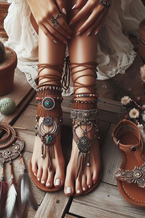 Boho Summer Outfits Bohemian, Boho Sandals Bohemian, Boho Hair Wrap, Bohemian Shoes, Boho Summer Outfits, Bohemian Style Clothing, Boho Style Outfits, Heart Clothes, Boho Sandals