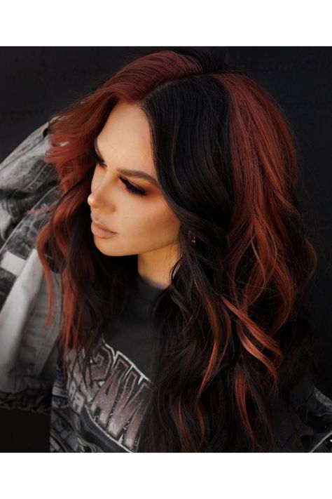 Fall Hair Color Ideas Vivids, Hair Color 2023 Money Piece, 2023 Color Blocking Hair, Long Red Hair Color Ideas, 4 Quadrant Hair Color, Dark Hair Inspiration Medium, Black And Natural Red Hair, Red Hair Black Peekaboo, 2023 Emo Hair