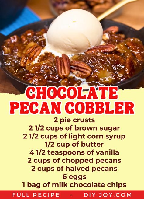 chocolate pecan cobbler with a scoop of vanilla ice cream on top Chocolate Pecan Cobbler, Pecan Cobbler Recipe, Meat Church, Pecan Pie Cobbler, Pecan Cobbler, Cobbler Easy, Quick Dessert Recipes, Quick Dessert, Love Country