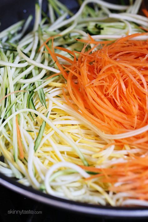 Sauteed Julienned Summer Vegetables | Skinnytaste Julienne Vegetables, Zucchini Yellow Squash, Garlic And Oil, Summer Vegetables, Spiralizer Recipes, Veggie Noodles, Skinny Taste Recipes, Yellow Squash, Summer Vegetable