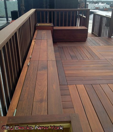 Tiger wood deck with built in planter Wood Deck Designs, Ipe Wood Deck, Deck Bench, Modern Deck, Wooden Deck, Ipe Wood, Contemporary Patio, Patio Bench, Wood Patio