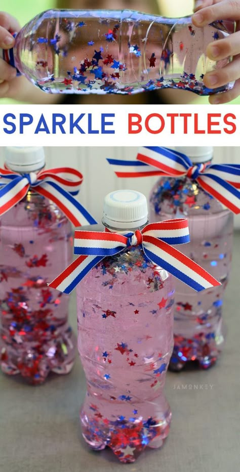 Happy Labor Day! Have the kids celebrate the holiday with this sparkle bottle sensory activity. Sparkle Bottle, Fourth Of July Crafts For Kids, 4th July Crafts, Summer Camp Crafts, Summer Crafts For Kids, Blue Theme, Patriotic Crafts, Daycare Crafts, 4th Of July Decorations