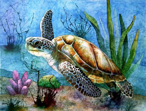 Art illustration - Oceans & Seas - Sea Turtle: (Chelonioidea) They have some shells that join laterally, which protects them from predators and variations in temperature. They can live 150 to 200 years after its kind. They can reach 27 km / h to 35 km / h swimming in the sea. Turtles do not have teeth because they have been replaced by sharp spikes at the top of his mouth. Also they do not have external ears, but a very efficient inner ear. Sea Turtle Painting, Illustration Kunst, Sea Turtle Art, Diamond Drawing, Turtle Tattoo, Turtle Love, Turtle Painting, Turtle Art, A Turtle