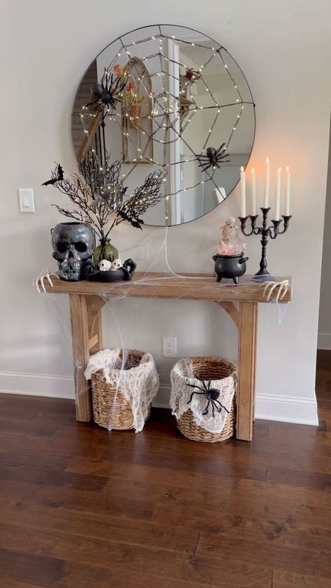 Halloween Console Table, Diy Spider Web, Diy Spider, Cheap Diy Halloween Decorations, Cheap Halloween Decorations, Console Table Decorating, Target Dollar Spot, Cheap Halloween, Fall Table Decor