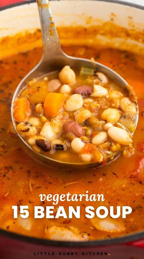 This easy 15 bean soup uses a bag of dried beans to make the most delicious vegetarian bean soup that is filling and comforting too. Vegetarian Ham And Bean Soup, Meatless Bean Soup, Beans Soup Vegetarian, 15 Bean Soup Vegetarian, 10 Bean Soup Instant Pot, 6 Bean Soup, 13 Bean Soup Crockpot, 16 Bean Soup Recipe Vegetarian, Dry Bean Soup Recipes