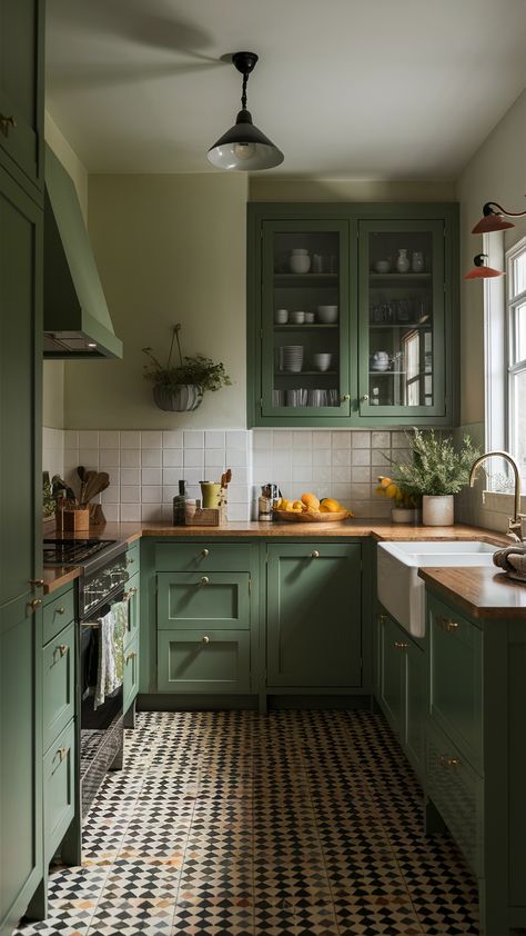 26 Green Kitchen Ideas: Inspiring Designs for Cabinets, Backsplash & Decor | Green Kitchen Aesthetic Small Kitchen Ideas Olive Green, Kitchen Floors With Green Cabinets, Small Kitchen Cabinet Paint Ideas, Cute Green Kitchen, Green Pantry Walls, Kitchen Light Green Walls, Green Kitchen With Backsplash, Farmhouse Kitchen With Tile Floor, Jade Green Backsplash