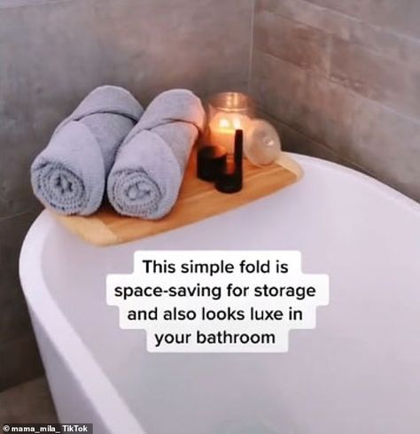 Mother shares a simple hack for folding your towels like they do in five-star hotels | Daily Mail Online Folding Hand Towels Fancy, Folding Bathroom Towels Ideas, Fold Hand Towels Bathroom, Fancy Towel Folding, Hotel Towel Folding, Fold Towels Like Hotel, Folding Towels Fancy, How To Fold Hand Towels, Folding Bathroom Towels