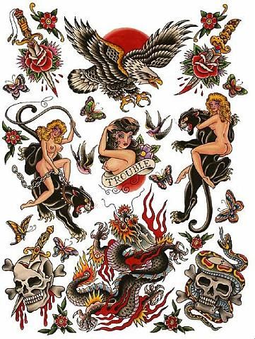 Flash - Richard Stell Tattoos Hula Girl Tattoos, Tattoos Traditional, Pin Up Girl Tattoo, Traditional Tattoo Sleeve, Tattoo Flash Sheet, Old School Tattoo Designs, American Tattoos, Pin Up Tattoos, Traditional Tattoo Art