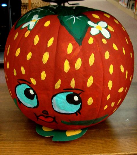 Strawberry Kiss (Shopkin) Pumpkin | Painted Pumpkin Contest 2015 Strawberry Pumpkin Painting, Pumpkin Creations, Heart Pumpkin, Painted Hands, Pumpkin Painted, Character Pumpkins, Pumpkin Books, Painting Pumpkins, Shopkins Party