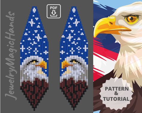 Earrings Bald Eagle pattern, AMERICAN patriotic seed bead 4th July earrings pattern, Independence USA flag brick stitch fringe earrings, DIY by JewelryMagicHands on Etsy Fringe Earrings Diy, Eagle Pattern, Seed Bead Crafts, Seed Bead Pattern, Diamond Shape Earrings, Beaded Earrings Diy, Native Beadwork, Brick Stitch Earrings, Seed Beading