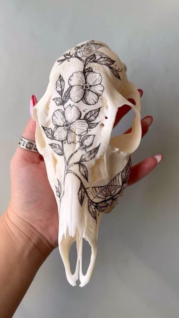 Deer Skull Headdress, Animal Skull Sculpture, Pyrography On Bone, Cow Jaw Bone Art, Painted Deer Skulls Ideas, Decorated Animal Skulls, Deer Skull With Flowers, Oddities Cabinet, Bone Painting