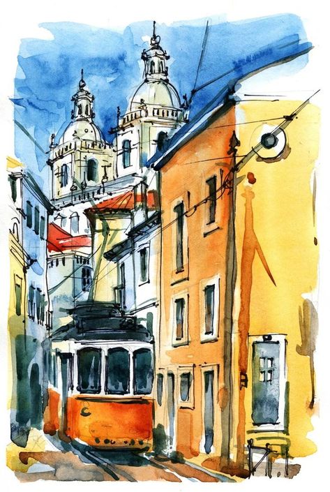 Old Tram Lisbon Portugal, Lisbon cityscape, Travel Sketch, Watercolor Painting, Art Decor, Portugal Architecture, Wall Decor, European Witty Art, Portugal Architecture, Lisbon Tram, Watercolor Scenery, Sketch Watercolor, Portugal Lisbon, Watercolor City, Plein Air Landscape, Watercolor Architecture