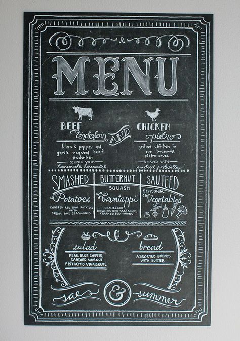 l Chalkboard Menu Ideas, Chalk Menu, Wedding Chalk, Wedding Menus Design, Chalkboard Lettering, Chalk Lettering, Menu Boards, Chalkboard Designs, Restaurant Menu Design