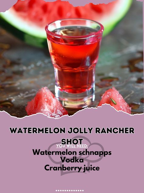 Watermelon Liquor Drinks, Cocktails With Cranberry Juice, Vodka And Cranberry Juice, Watermelon Jolly Rancher, Jolly Rancher Shot, Alcohol Shots, Fruity Alcohol Drinks, Bartender Drinks Recipes, Pretty Alcoholic Drinks