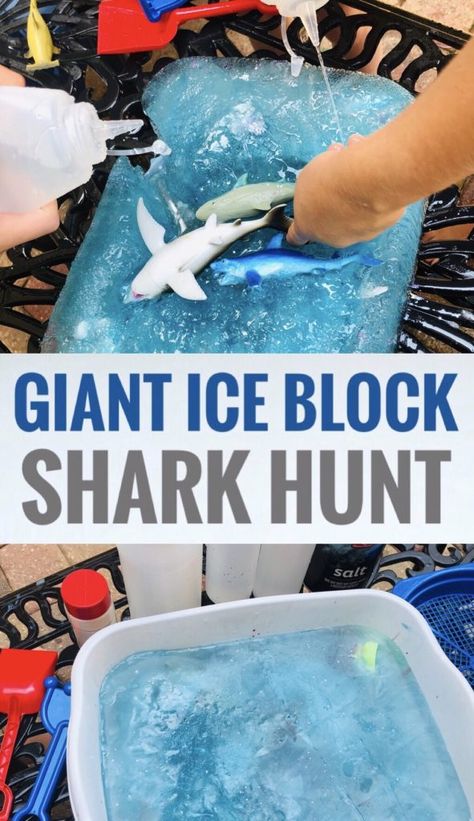 Shark Week Ice Block Excavation Activity for Summer Fun! - Glitter On A Dime Shark Day Activities, Shark Week Sensory Bin, Shark Week Theme Preschool, Shark Week Decorations Diy, Preschool Shark Week Activities, Shark Week For Kids, Shark Week Ideas For Kids, Shark Birthday Party Activities, Baby Shark Birthday Party Games