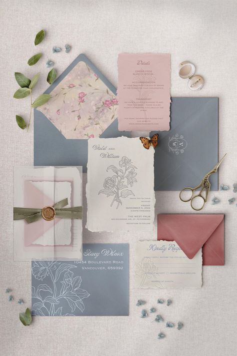 At Mango Paperie, we believe your wedding invitations deserve the same meticulous attention as the love story they announce. With hand drawn illustrations, soft pastel colors and handwritten font, this semi-custom wedding suite in shades of blush pink and dusty blues is perfect for those garden party weddings or for formal weddings with a vintage theme. Customize the colors, fonts, and wording to perfectly reflect your love story and wedding theme, while the meticulously hand-drawn illustrations Soft Wedding Theme, Cottage Wedding Invitations, Dusty Blue And Mauve Wedding Theme, Mauve And Light Blue Wedding, Semi Custom Wedding Invitations, Pink Blue Green Wedding, Pastel Wedding Invites, Wedding Invitation Cards Pastel, Wedding Invitation Pastel Color