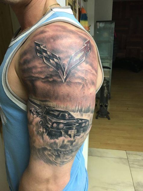 That's some serious dedication. Nice Corvette Ink! Corvette Tattoo Ideas, Corvette Tattoo, Chevrolet Tattoo, Connect Tattoo, Stingray Tattoo, Jerry Tattoo, Tattoo Website, Tattoo Style Art, Tattoo World