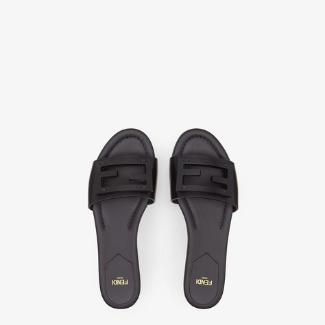 Signature - Black leather slides | Fendi Fendi Slides, Black Leather Slides, Dressy Sneakers, Fendi Logo Design, Fendi Store, Leather Biker Boots, Fendi Logo, Black Slides, Black Houndstooth