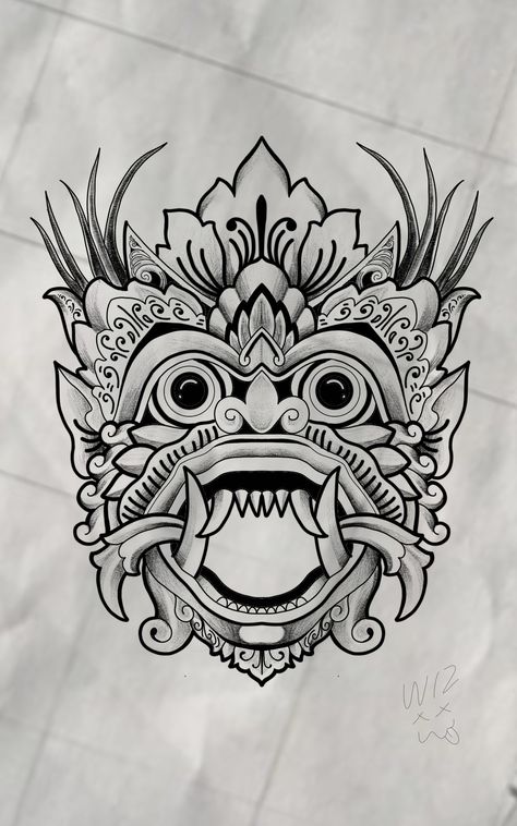 ကျားပုံ Tattoo, Balinese Mask Tattoo, Tattoo Barong Bali, Bali Mask Tattoo, Thai Art Tattoo, Balinese Tattoo Design, Tattoo Balinese, Barong Mask Tattoo, Bali Tattoo Ideas