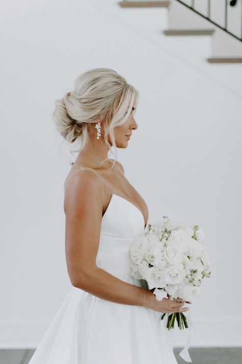 Bridal Updo Strapless Dress, Bridal Updo With Strapless Dress, Wedding Hair Strapless Dress Updo, Wedding Hair For Strapless Gown, Wedding Updo Strapless Dress, Wedding Day Ponytail With Veil, Bridal Hair No Veil, Strapless Wedding Dress Updo, Bride Hairstyles For Strapless Dress